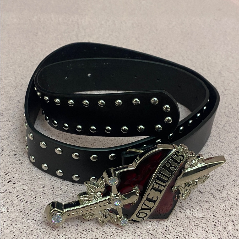 Black and silver studded belt with red heart buckle #218 - Picture 4 of 9